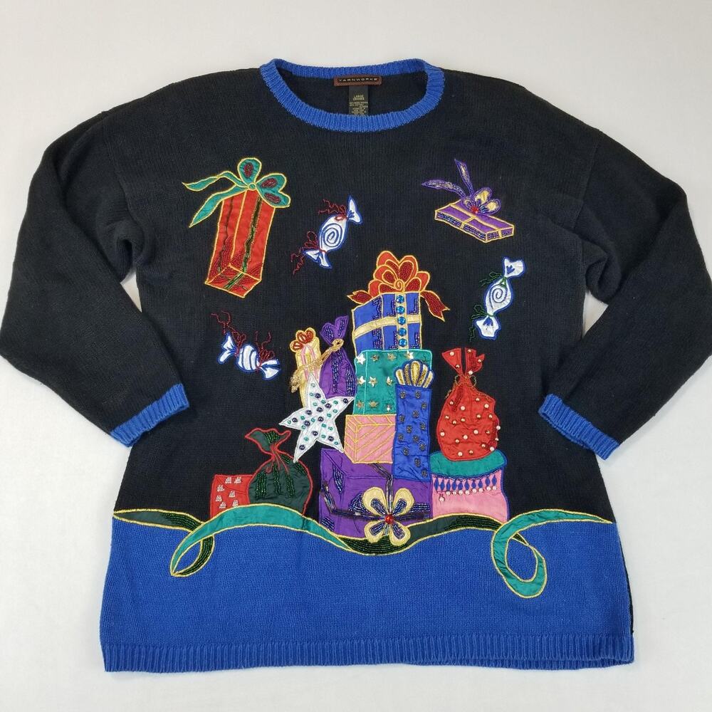Yarnworks Sweater Womens Large Holiday Presents Beaded Applique Ugly Christmas